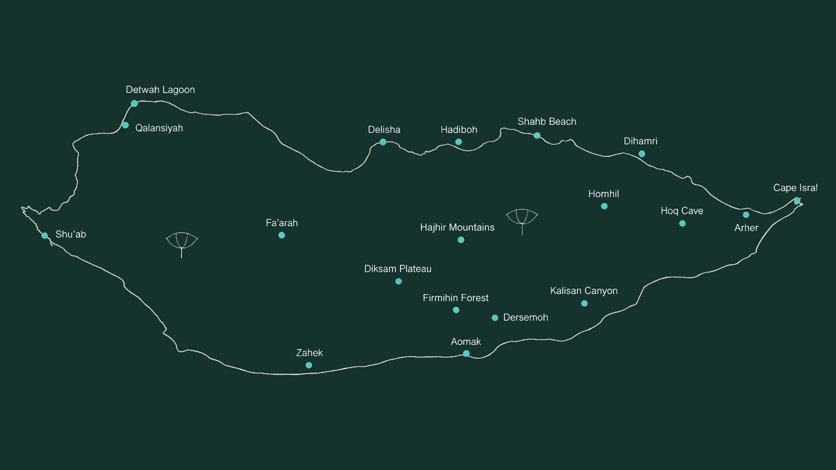 Illustrated map of Socotra showing the destinations on our expeditions, including Detwah Lagoon, Diksam Plateau, Firmihin Forest, Hoq Cave and Arher