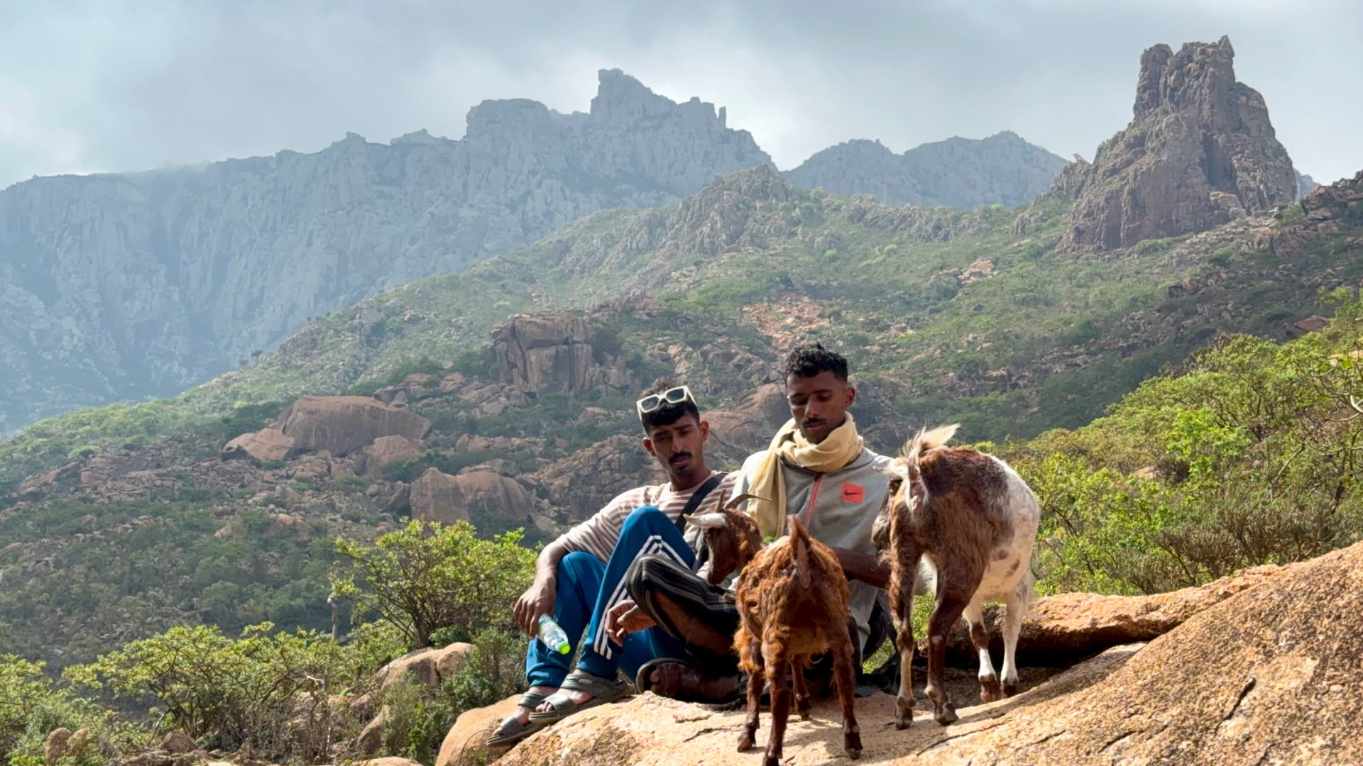 Socotri shepherds resting in the Hajhir foothills.